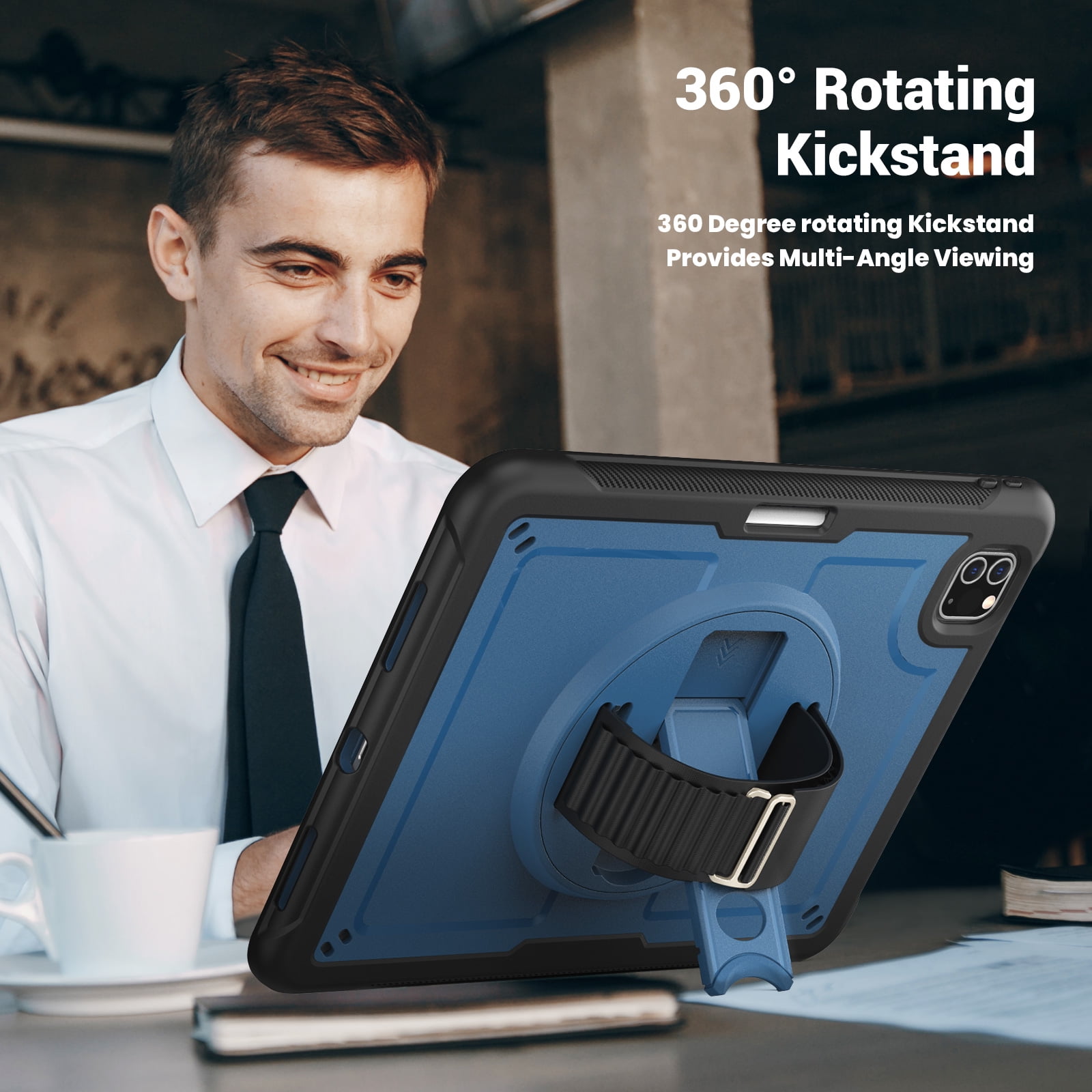 ELEHOLD Case for Apple iPad Pro 11 2022/2021/2020/2018/air4 10.9/air5,Soft TPU Rugged Durable Case with 360° Rotating Hand Strap & Foldable Hidden Stand & Pencil Holder,Navyblue