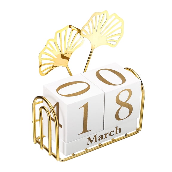 Uxcell Wooden Perpetual Block Calendar, Golden Decorative Daily Display with Movable Blocks Modern Farmhouse Office Coffee Table Decor for Party Holidays Wedding, Cut-out Fan-shaped Leaf