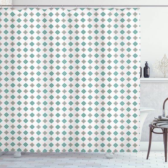 Mosaic Shower Curtain, Geometric Illustration with Flowery Motifs Inside Rhombus Pattern, Fabric Bathroom Set with Hooks, 69W X 70L Inches, Dark Seafoam and Pale Rose, by Ambesonne