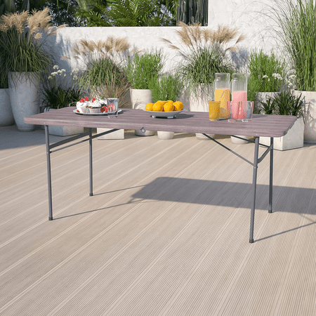 6-Foot Bi-Fold Brown Wood Grain Plastic Folding Table with Carrying Handle