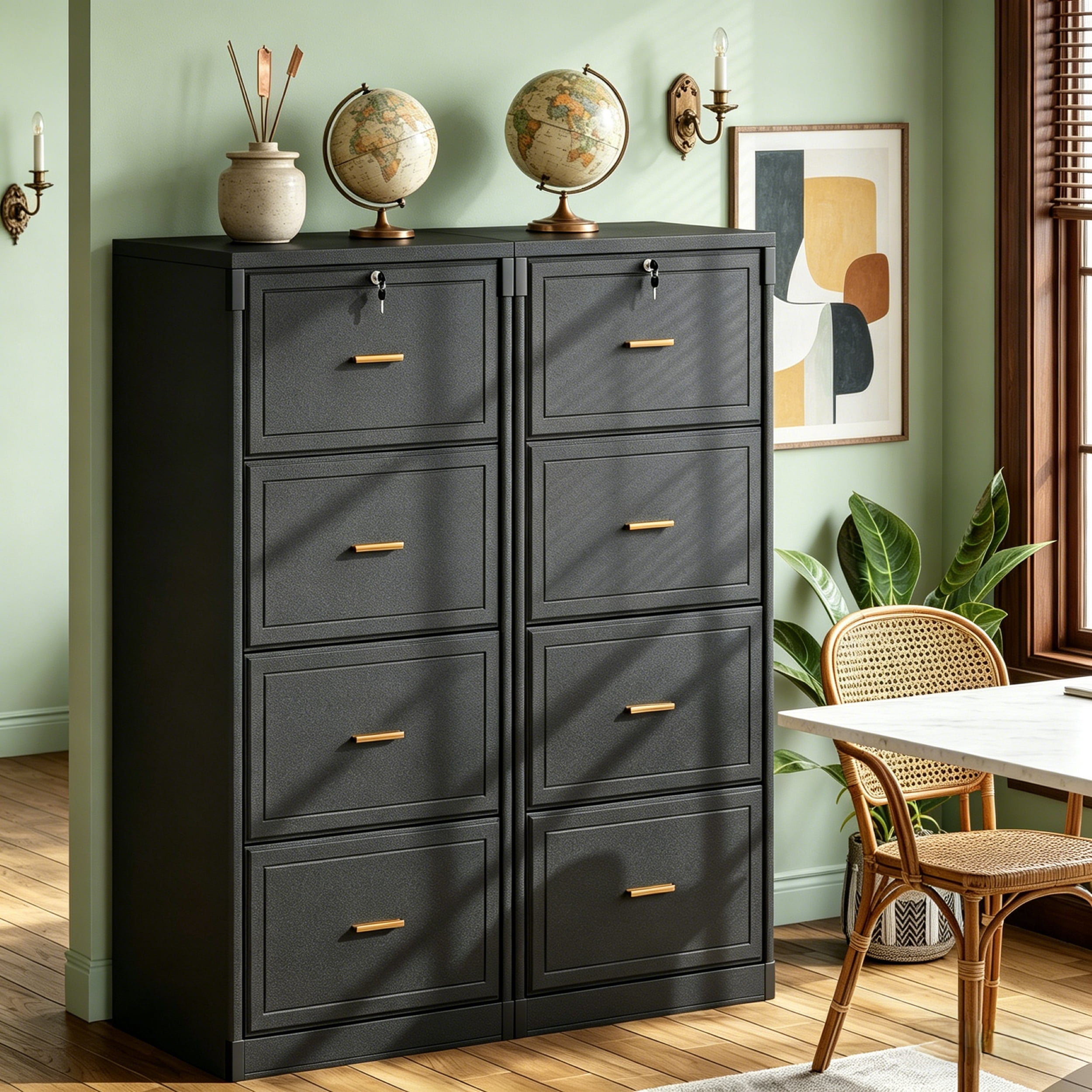Fnova 4-Drawer File Cabinet, Tall Filing Cabinet with Lock and Key, Heavy Duty Wooden Vertical Office Storage Organizer for Legal Size/Letter/A4/Files, Home Office, Black
