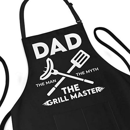 

Funny Apron for Men - Dad The Man The Myth The Grill Master - Adjustable Large 1 Size Fits All - Poly/Cotton Apron with 2 Pockets - BBQ Gift Apron for Father Husband Chef