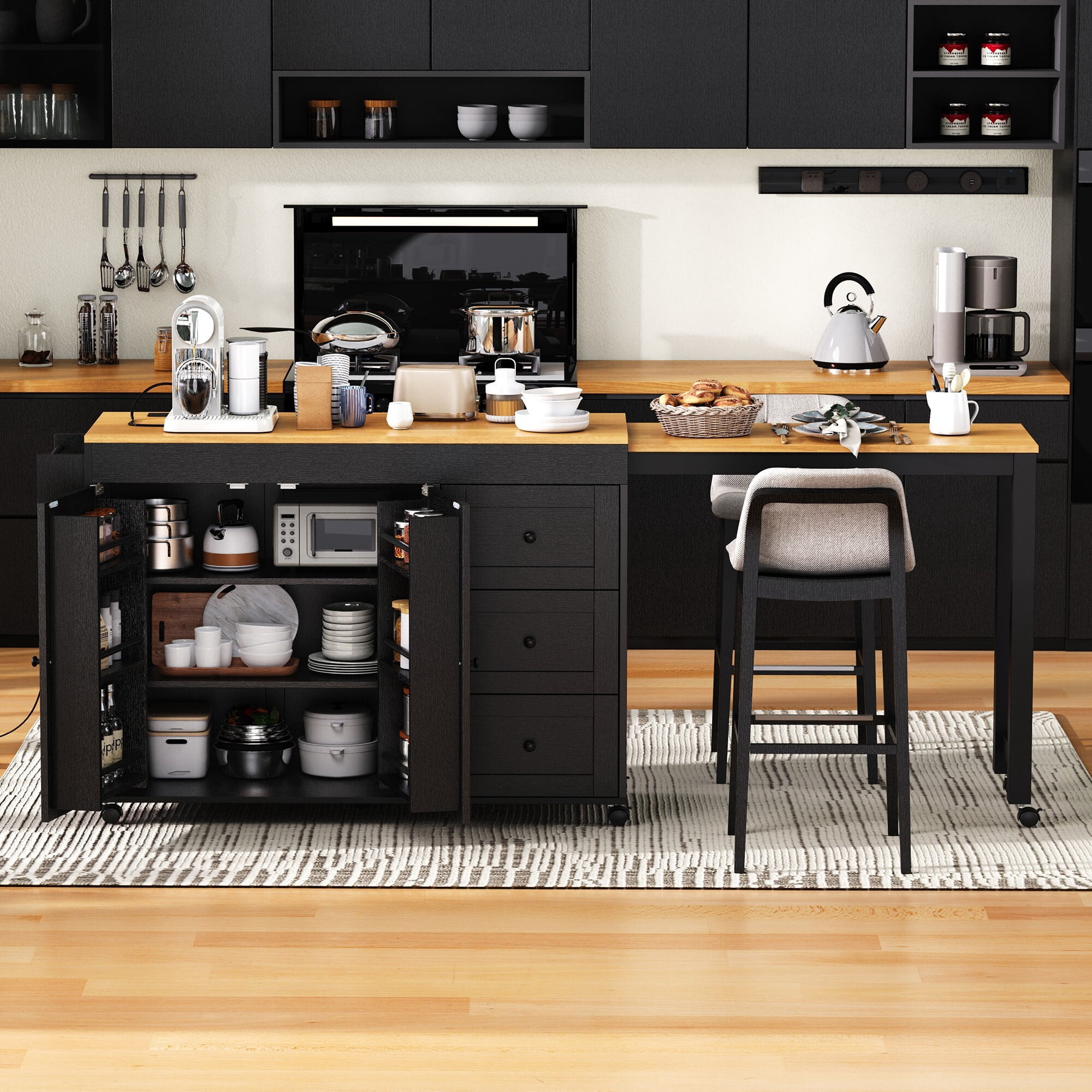 DEALTOPS 74.8" Rolling Kitchen Island Cart with Charging Station and Sliding Extendable Table, Black