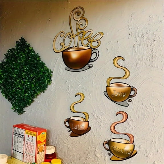 4 pieces of metal coffee cup wall decorations - coffee bar decorations - wall art for coffee house themes - vintage coffee cup logos - items for kitchen decoration - decorations for stores