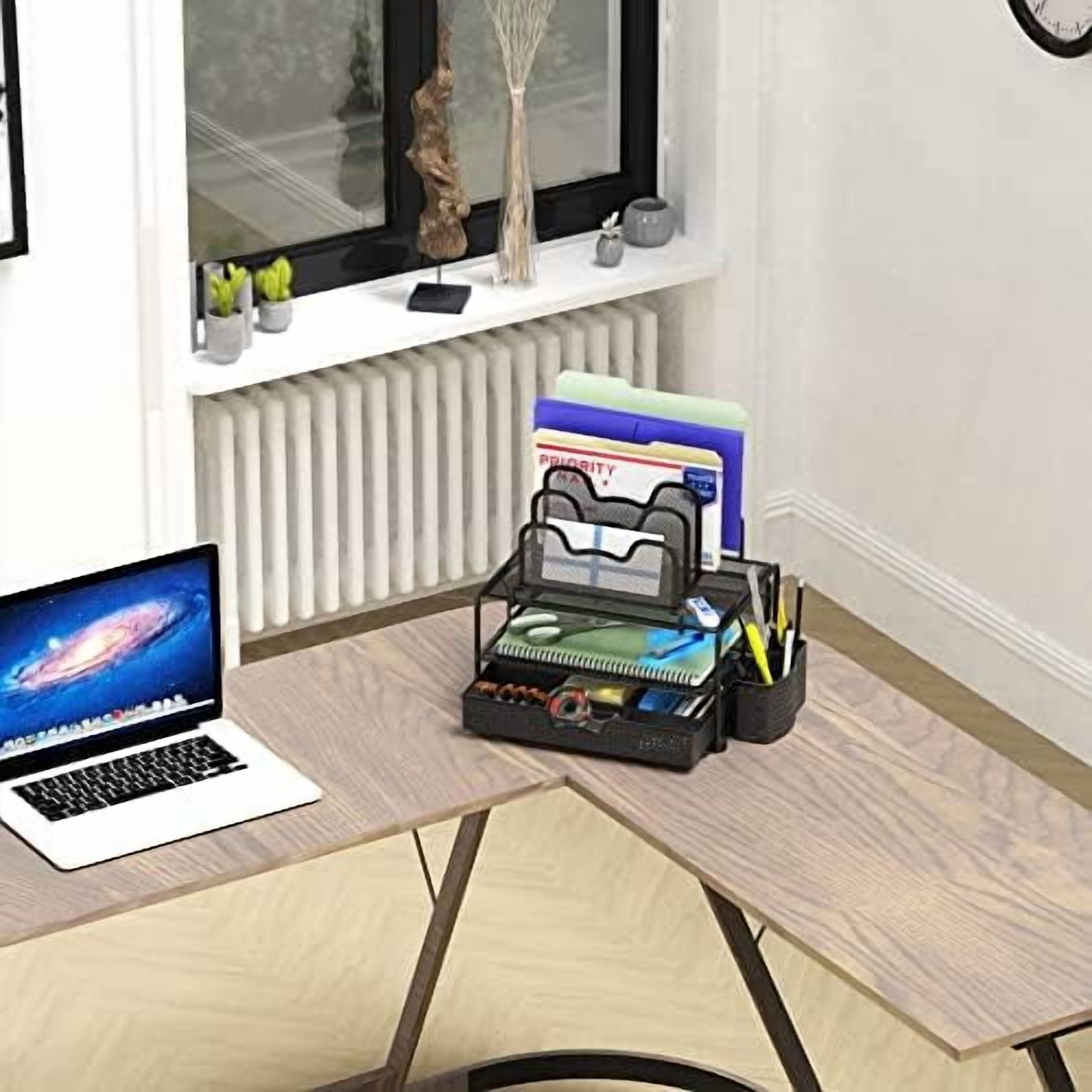 Mesh Desk Organizer with Sliding Drawer, Double Tray and 5 Stacking Sorter Sections, Black