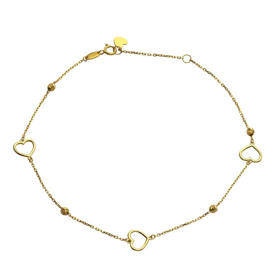 LoveBling 10k .5mm 4 Heart & Beads Charm Anklet Adjustable from 9" to 10" (#94)