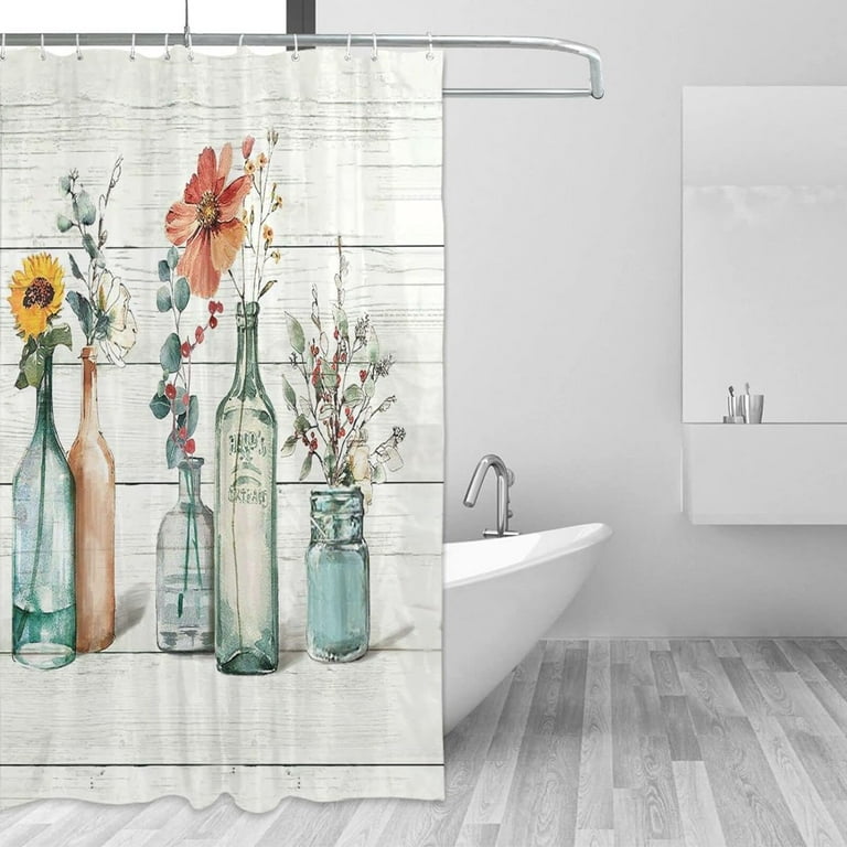 Rustic Farmhouse Flower Shower Curtain - Waterproof Polyester, 60x72 In, Includes 12 Hooks