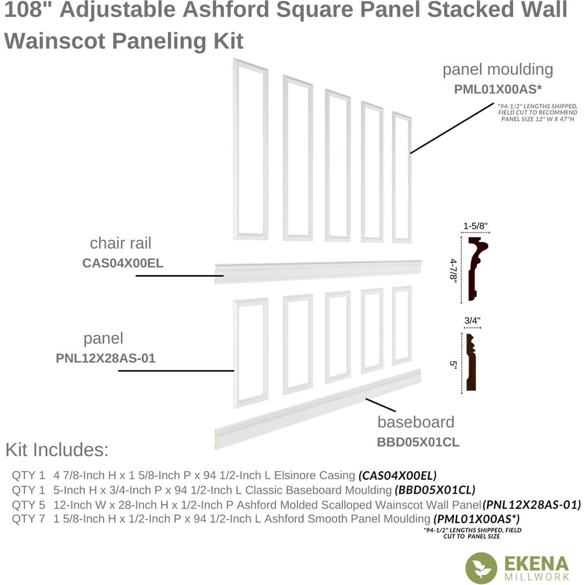 Ekena millwork 94 1/2"L (Adjustable 108"H to 132"H) Ashford Square Panel Stacked Wall Wainscot Paneling Kit
