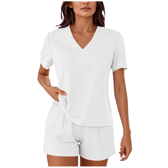 TEAJOPSUU Two Piece Sets for Women Short Sleeve V Neck Causal Shorts Sets Casual Summer Short Sets for Everyday Home Wear White