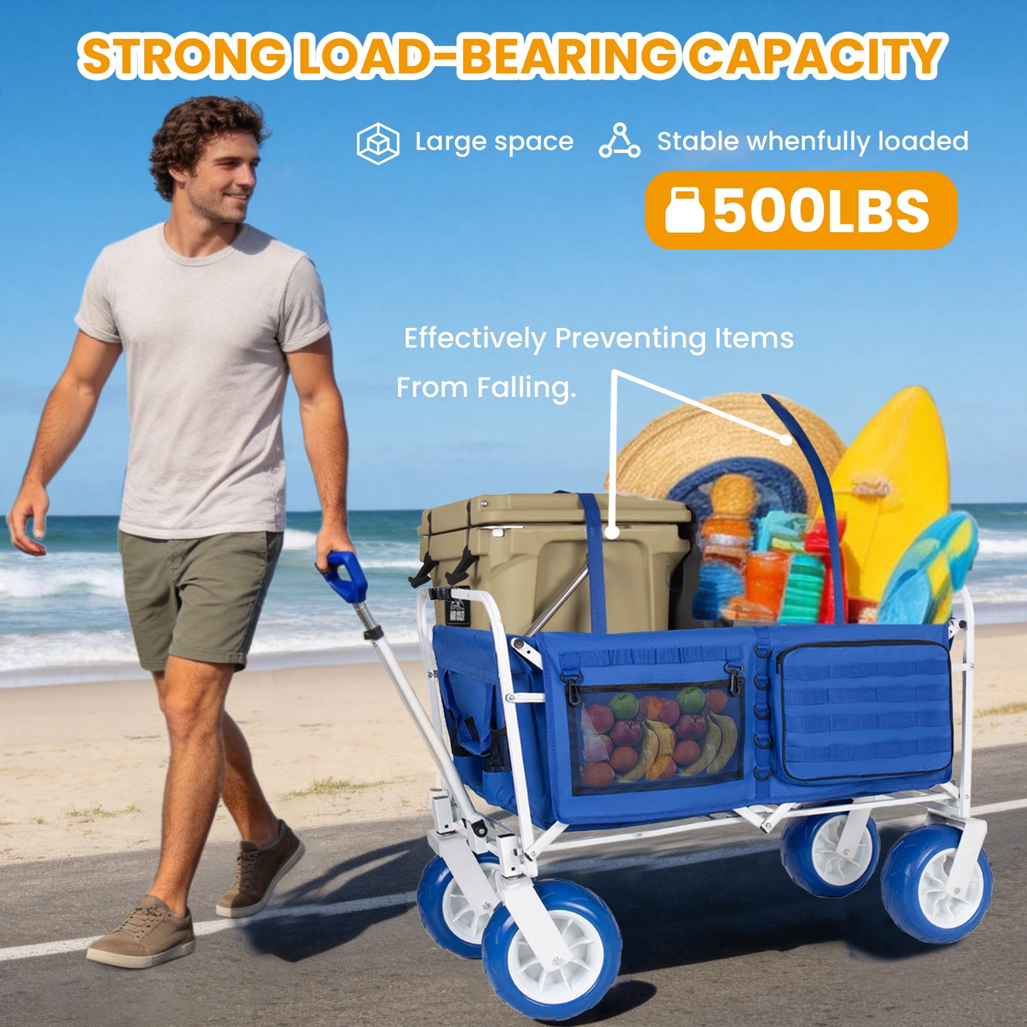 Beach Wagon Cart Chair Racks Fishing Rod Holders 9 Inch All-Terrain Wheels 500lbs Heavy Duty Collapsible Removable Cooler Storage Bags Beach Camping Fishing Garden Outdoor Sports Blue