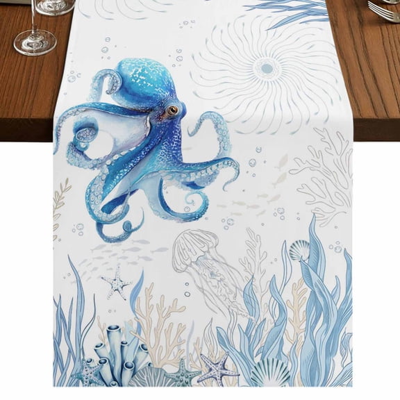 Table Runners 90 Inches Long Dress Scarves, Blue Octopus Coastal Farmhouse Coffee/Dining/Kitchen Table Runner for Living Room, Summer Beach Nautical Ocean Coral Starfish 13x90 Inch