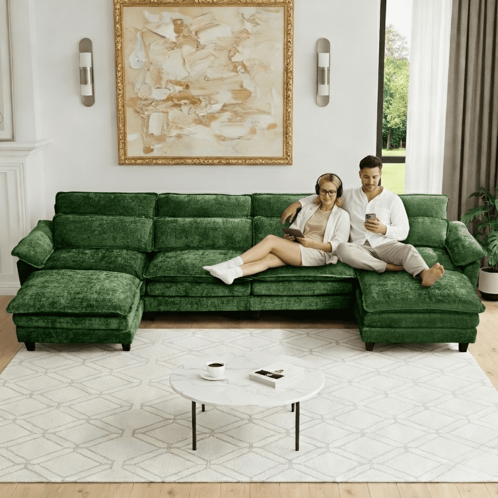 Howcool 148" Modular Sectional Sofa , 4 Seater U-Shaped Cloud Couch with Movable Ottoman, USB Charging Ports & Side Pockets, Sectional couchs for Living Room,Chenille Fabric,Green(Thick Sponge)