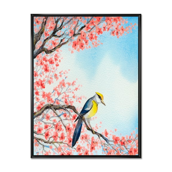 Designart 'Beautiful Red Bird Sitting On Flowering Branch I' Traditional Framed Canvas Wall Art Print