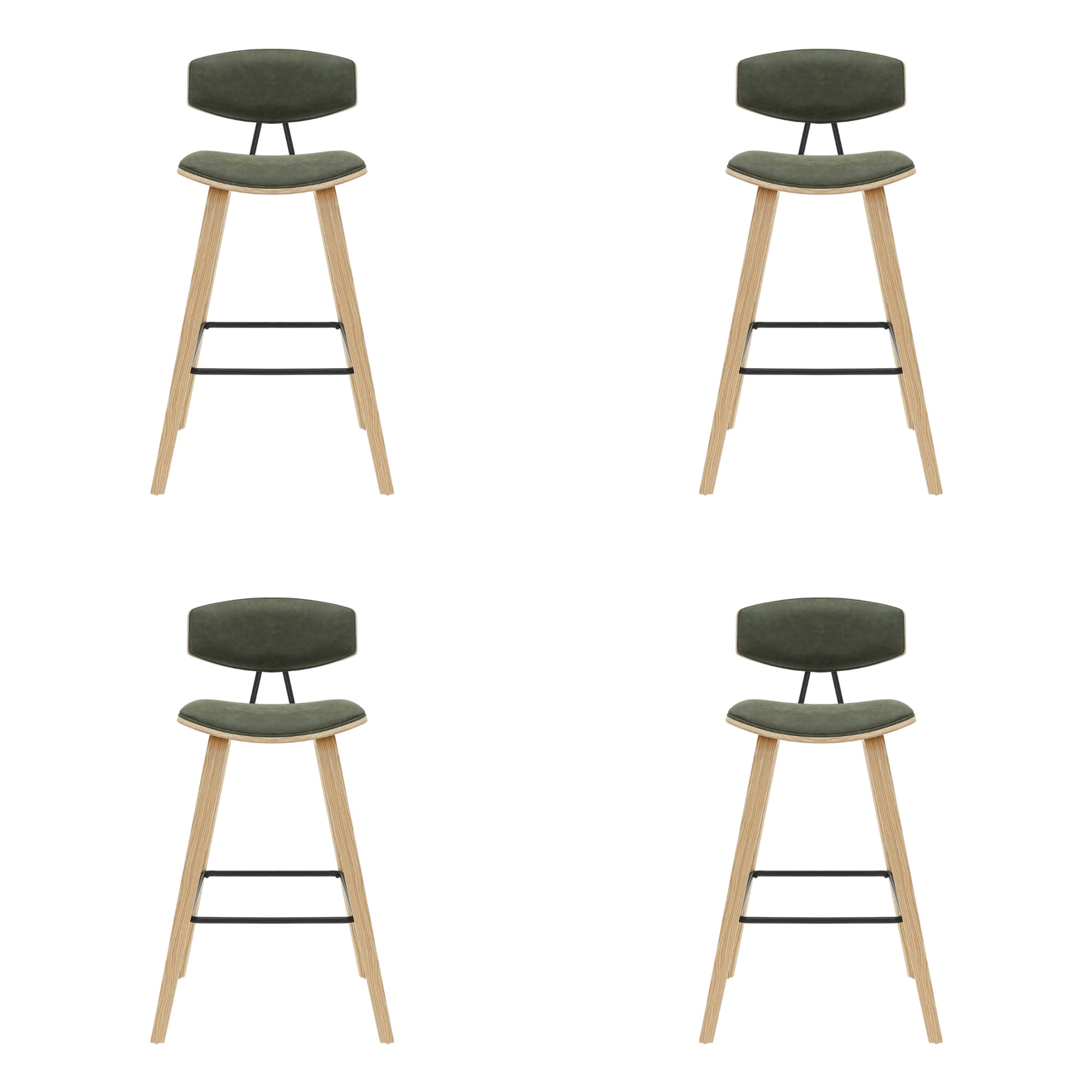 Fox 38 in. H Bar Height Vintage Green Curved Back Wood Bar Stool with Faux Leather Seat Set of 4