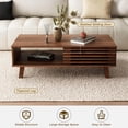 thumbnail image 3 of Mid Century Coffee Table with Storage & Sliding Fence Door, Modern Coffee Tables for Living Room, Walnut Finish, 3 of 7
