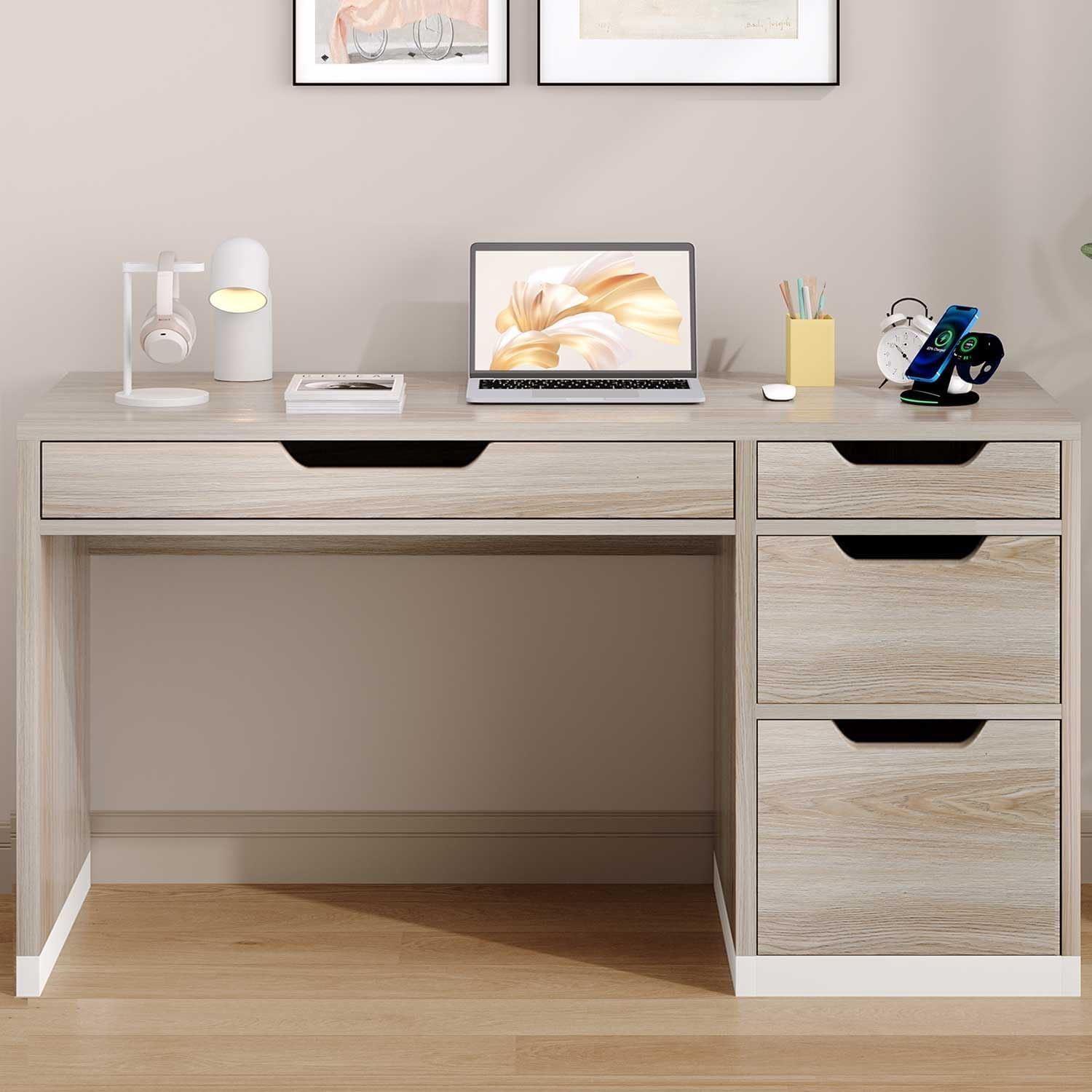 DreamCurship 52 inch Computer Desk with 4 Storage Drawers, Home Office Desk with Storage for Small Space, Writing Desk with File Cabinet, White and Walnut