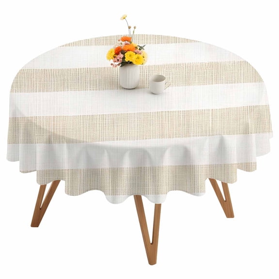 Vintage Linen Round Tablecloth 54 inches Striped Beige Theme Farmhouse Waterproof Oil-Proof Table Cloth Round Table Cover for Holiday Party Picnic Dinner Decor Indoor and Outdoor Use