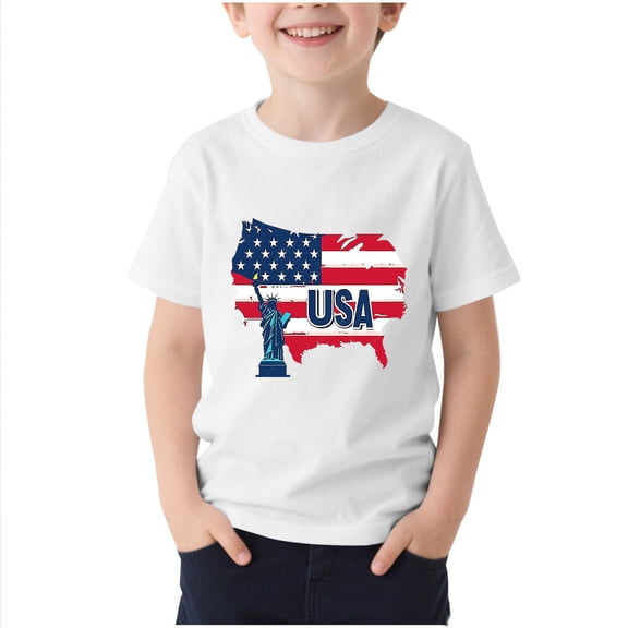 Girls Patriotic Shirt American Flag Map Tee Statue of Liberty Graphic 4th of July Kids Short Sleeve Crew Neck White,Size 9-10T