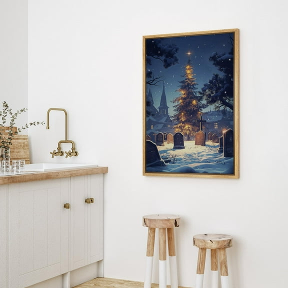IDEA4WALL Framed Canvas Art Wall Decor Dark Cemetery Scene Magical Christmas Tree Illuminated in a Snowy Landscape Vintage Fantasy for Dorm Home Office - 16"x24" Natural