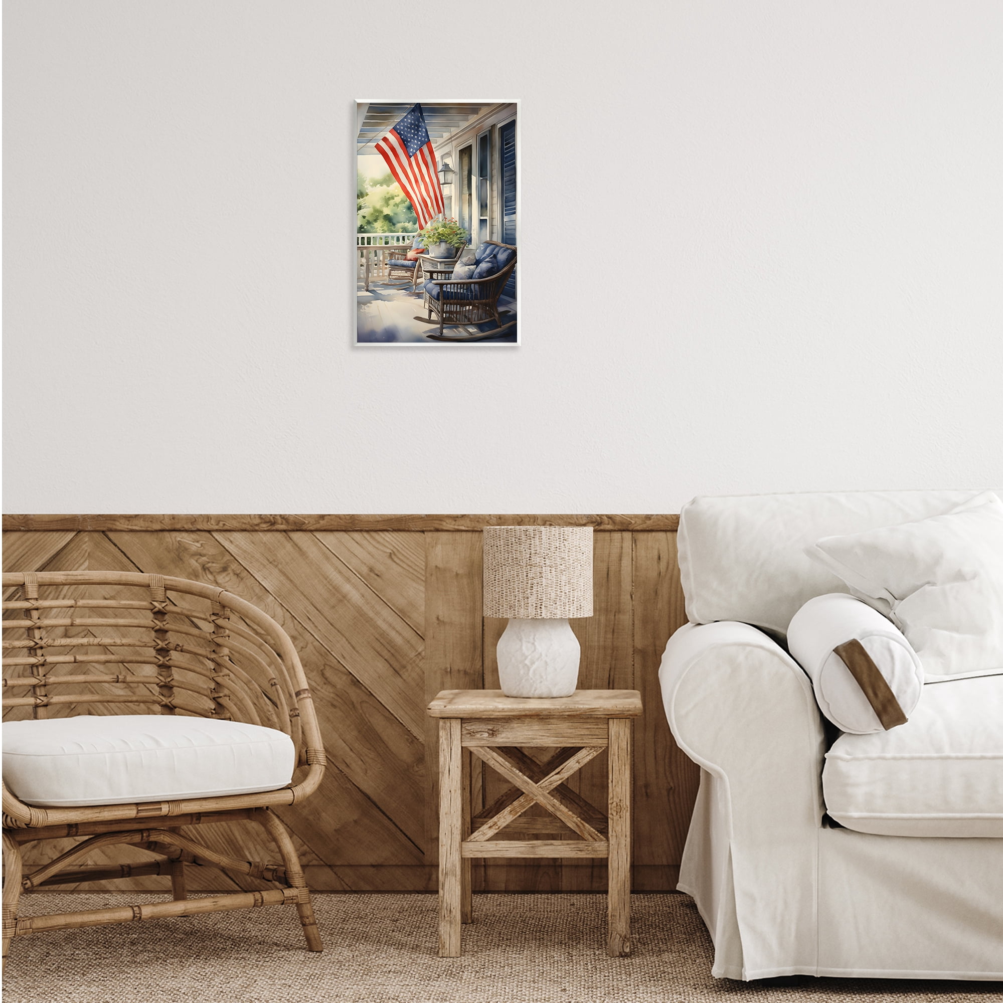 Stupell Industries Porch with American Flag Scenery Painting Unframed Art Print Wall Art, 13 x 19