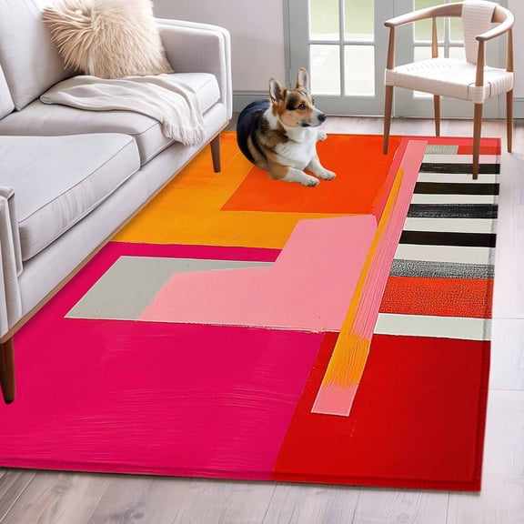 3'x5' Area Rugs, Pink Orange Indoor Outdoor Area Rug for Living Room Bedroom, Geometric Modern Abstract Oil Painting Washable Bathroom Rugs Kitchen Floor Carpet Mats Home Decor Aesthetic