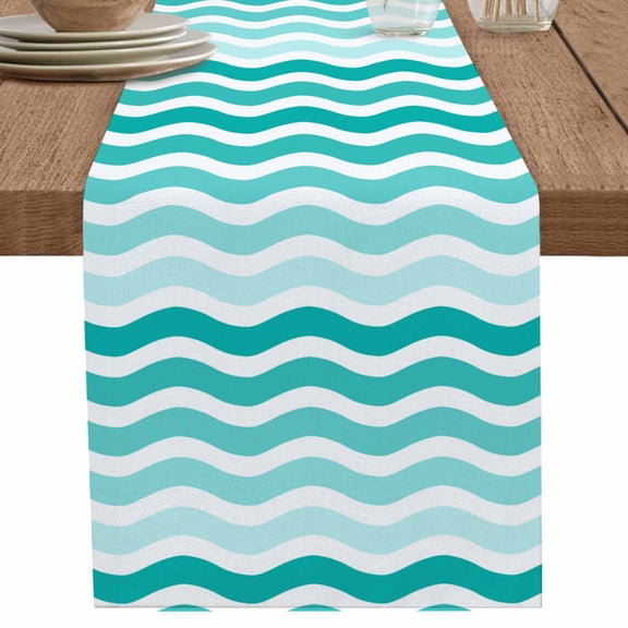 nqOlkjepod Turquoise Striped Ombre Table Runner 36 Inches Long Farmhouse Dress Scarves, Geometric Modern Gradient Ocean White Dining Tablerunner for Coffee Table/Kitchen Island/Party, Small 13"x36"
