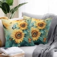 thumbnail image 2 of Waterproof Throw Pillow Covers Set of 2, 24x24 Inch Yellow Sunflower Butterfly Decorative Pillowcases Outdoor Pillow Slip Cushion Covers Set for Couch Tent Teal Leaves Retro Abstract, 2 of 7