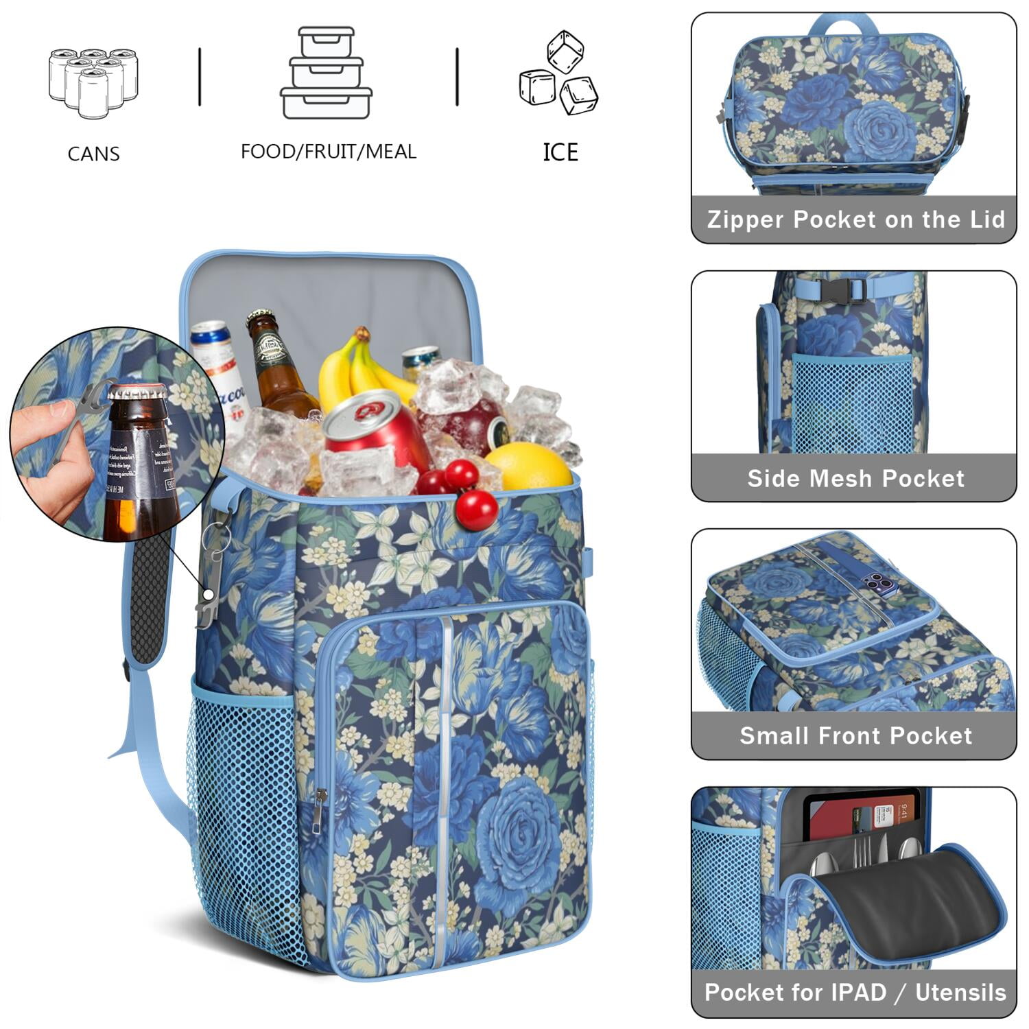 Travel Cooler Bag - Pioneer Flower Floral Print Pattern Camping Beer Cooler Backpack with Bottle Opener- Waterproof Insulated Picnic Backpacks - Cooler Bag for Beach