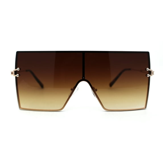 Oversize Shield Square Rimless Rectangle Flat Top Sunglasses Gold Brown