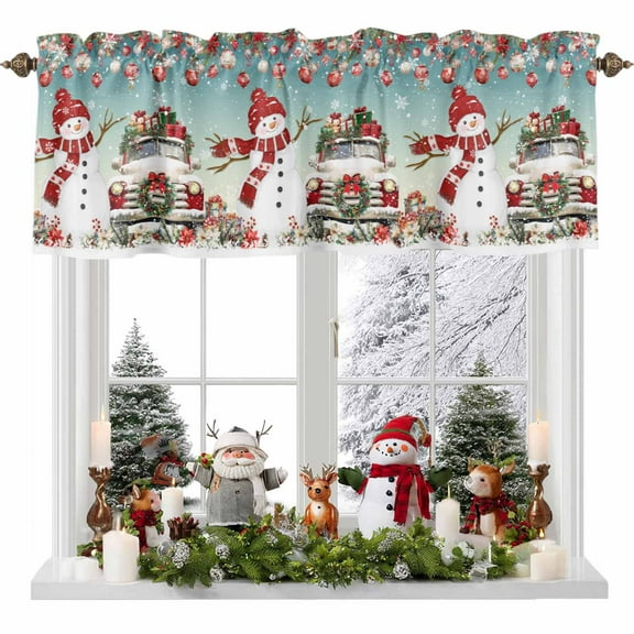 Snowman Christmas Truck Gift Valances for Windows,Kitchen Valance Rod Pocket Short Curtain,Xmas Bell Poinsettia Snowflake Valance Curtain Window Valances for Bedroom 54x18in