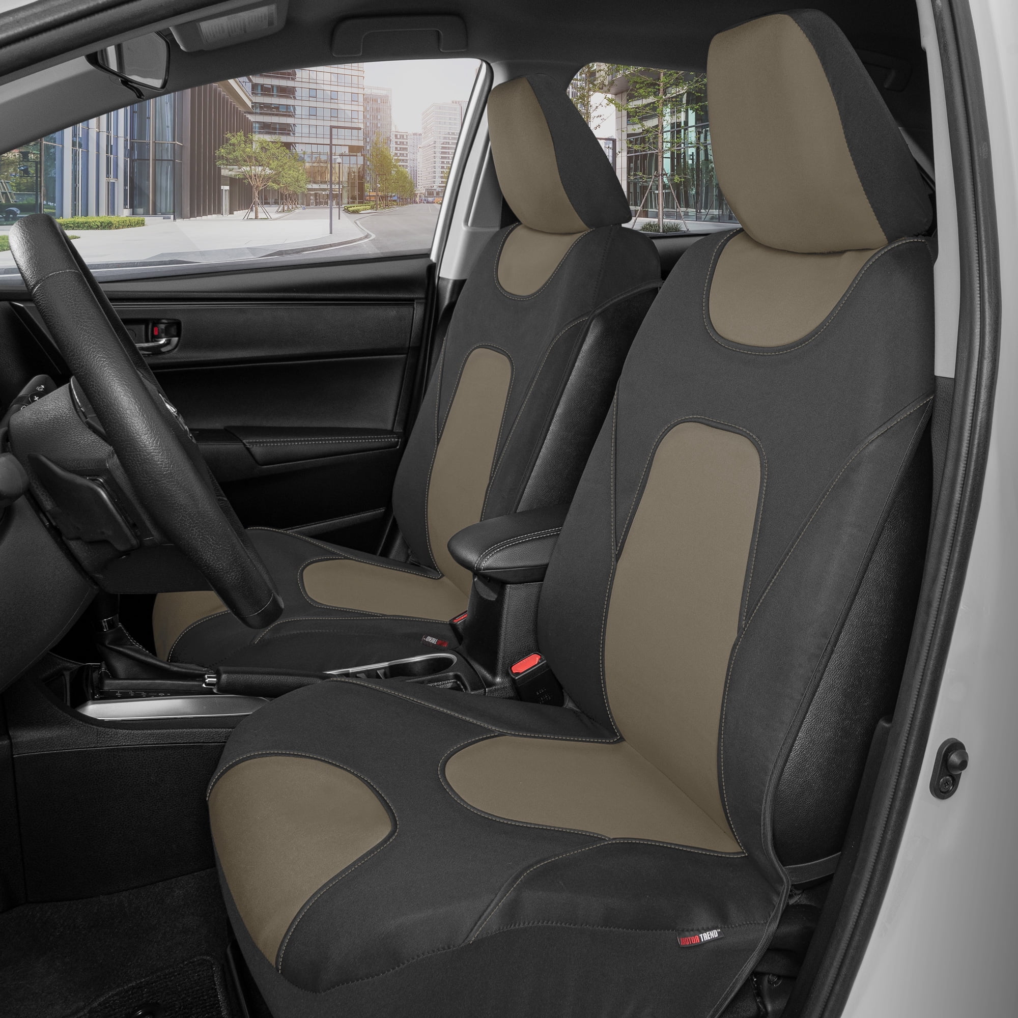 Motor Trend NeoCloth Waterproof Car Seat Covers Front & Rear Full Set, Beige - Universal Fit for Car Truck Van SUV