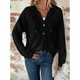 thumbnail image 4 of Sudadera con Capucha de Larga de Punto Gofre para Mujer, con Cordón, Botones, Cuello en V, Informal, con Capucha. Negro L, 4 of 9