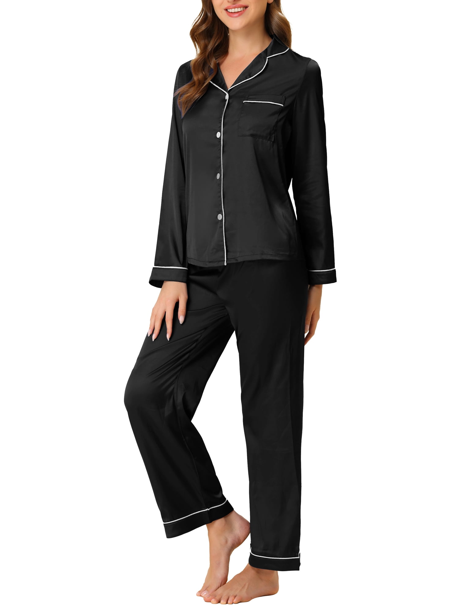Unique Bargains Women's Pajama Loungewear Long Sleeves Tops and Pants Satin Sleepwear Sets