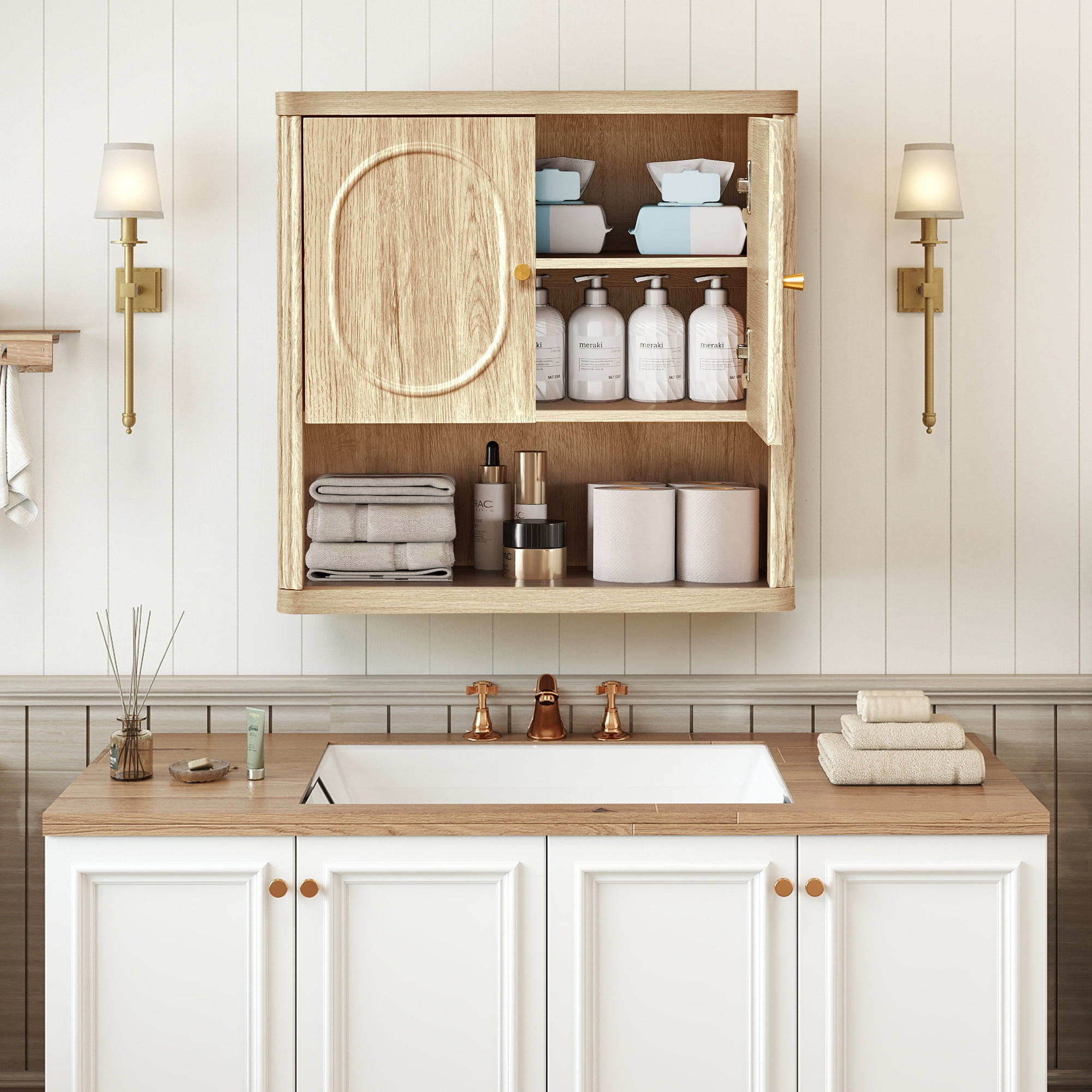 Wirrytor Fluted Wall Mount Cabinet with Adjustable Shelves and Towel Rack, Space-Saving Bathroom Vanity Organizer and Kitchen Cupboard Storage Solution in Oak Finish