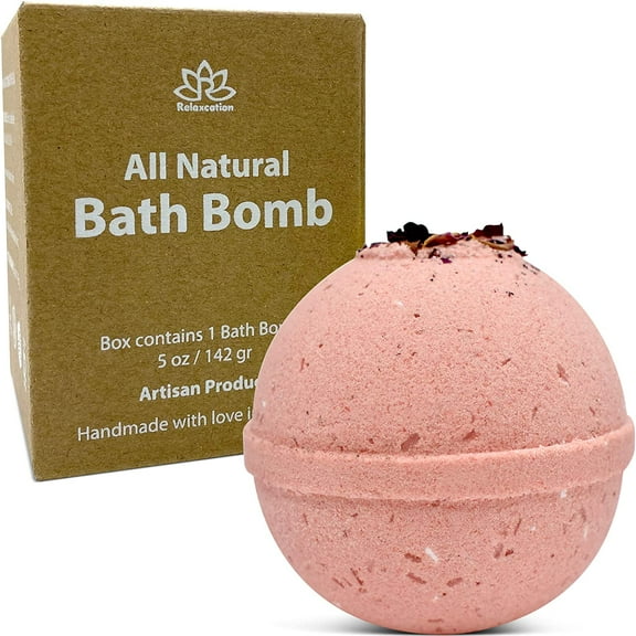 Organic Rose Garden Bath Bomb with Essential Oils and Relaxing Bath Salts, Moisturizing Coconut Oil, for Women and Men Handmade in USA by Relaxcation