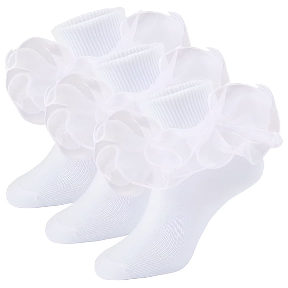 TELOLY Spring Lace Cute Floral Socks for Kids White & Sweet School Big Girls Ruffled Comfy Ruffle 3 Pairs M