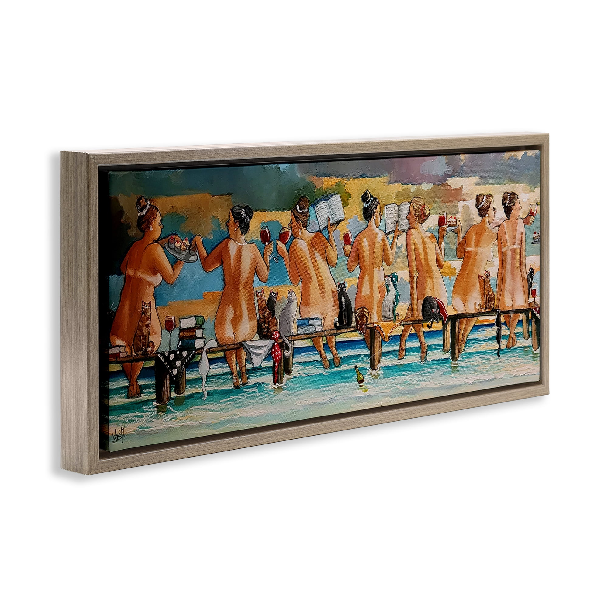 Wine, Books And Cats Jetty Brown Framed Floater Canvas Wall Art, design by Ronald West