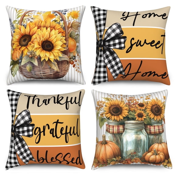 DaShan Fall Throw Pillow Covers 18x18 Set of 4,Autumn Pumpkin Sunflowers Decorative Pillow Cases for Bedroom Sofa Couch