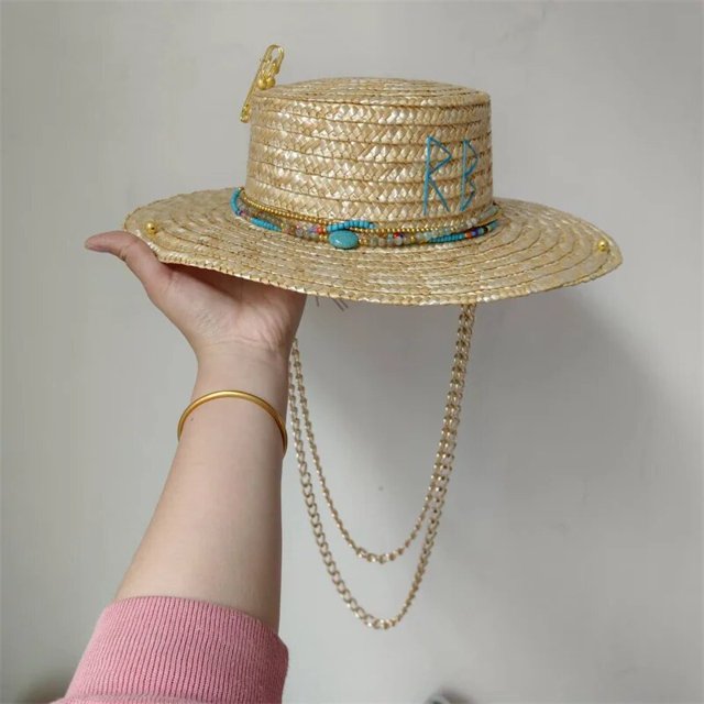 Sombrero de playa Punk con cadena de perlas DIY, corona cóncava, sombrero de sol con letras coreanas, sombrero de playa, sombrero Punk para hombres y mujeres, Color caramelo