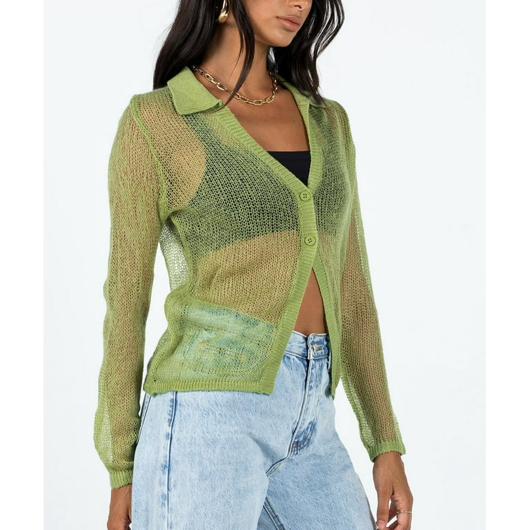 Women Mesh Button Shirt Sheer Mesh Cardigan Sexy See Through Top Long  Sleeve Crop Blouse Streetwear