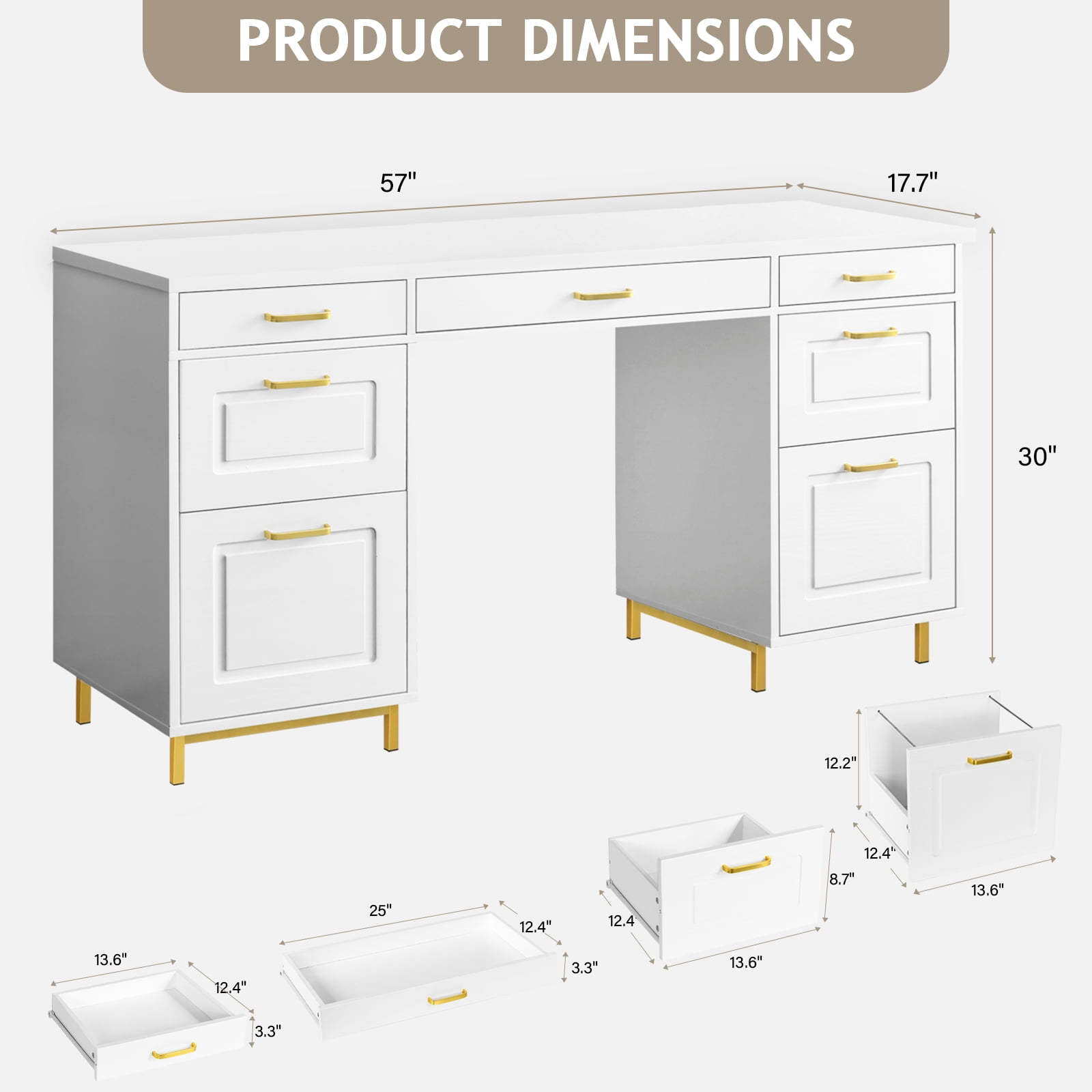 DreamCurship White Desk with 7 Drawers, White and Gold Desk with Storage,  57" Executive Desk with File Drawers, White