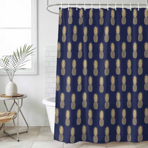 Pineapple Waterproof Fabric Shower Curtain,Yellow Fruit Navy Blue Summer Tropical Waterproof Fabric Shower Curtain for Bathroom Curtains Bathtubs Hotel Shower Curtains with 12 Hooks Small 36x72in