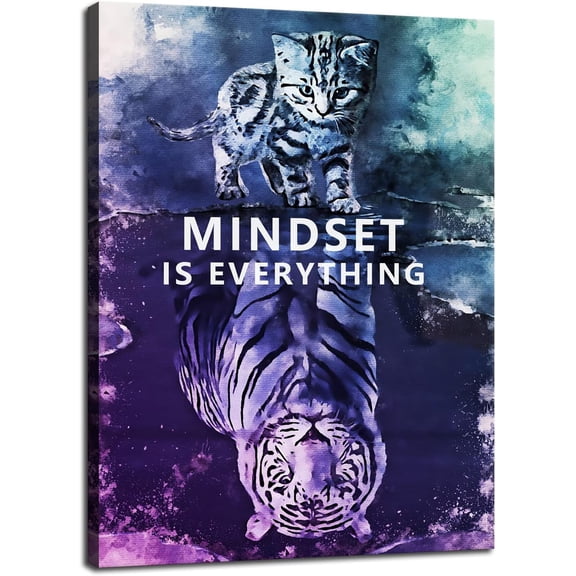 WFSposter-Inspirational Wall Art Posters Big Tiger Pictures Small Cat Canvas Painting Mindset is Everything Print Poster Artwork Wooden Home Decor for Living Room Gym Office Framed Ready to Hang