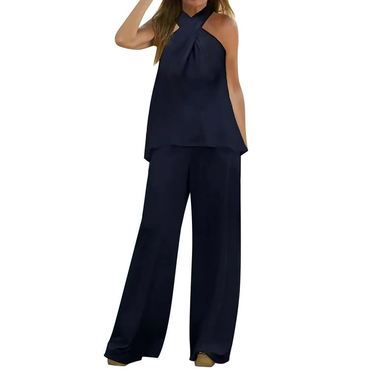 Lmtime Women's Summer 2 Piece Outfits Boho Casual Hanging Neck Sleeveless  Top Loose Wide Leg Pants Trousers Solid Color Two Piece Set Suit Navy XXL