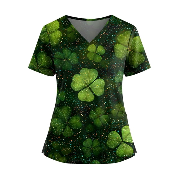 St. Patrick's Day Themed Scrub Top - Cute Shamrock Print V-Neck Short Sleeve Nursing Shirt with Pockets Army Green XL