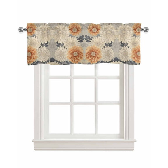 Burnt Orange Grey Kitchen Valances for Windows Farmhouse Linen Window Valance Curtain for Living Room Window Treatment Spring Floral Botanical Retro Valance Rod Pocket Topper Drape, 60 x 18 Inch