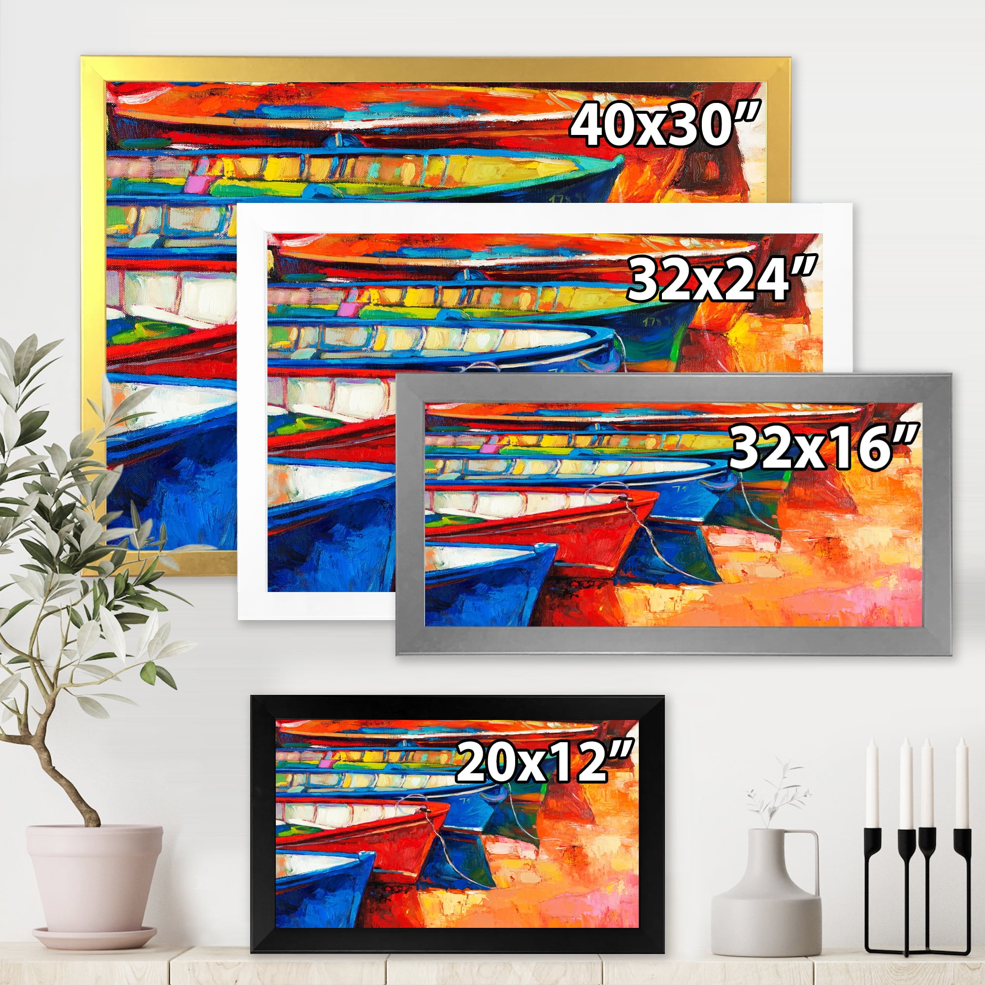 Boats During Warm Colour Sunset In The Harbor II 32 in x 16 in Framed Painting Canvas Art Print, by Designart