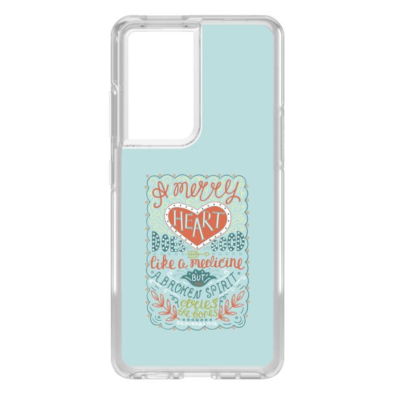 DistinctInk Clear Shockproof Hybrid Case for Galaxy S21 ULTRA 5G (6.8" Screen) - TPU Bumper, Acrylic Back, Tempered Glass Screen Protector - Proverbs 17:22 - A Merry Heart Does Good