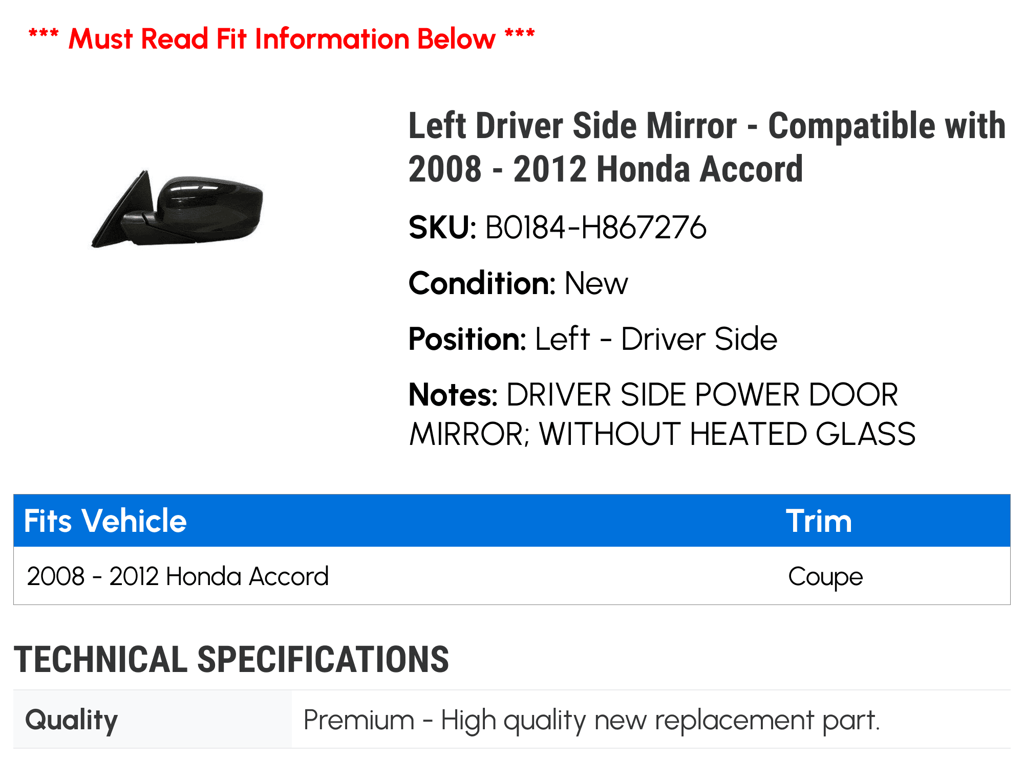 Left Driver Side Mirror - Compatible with 2008 - 2012 Honda Accord 2009 2010 2011