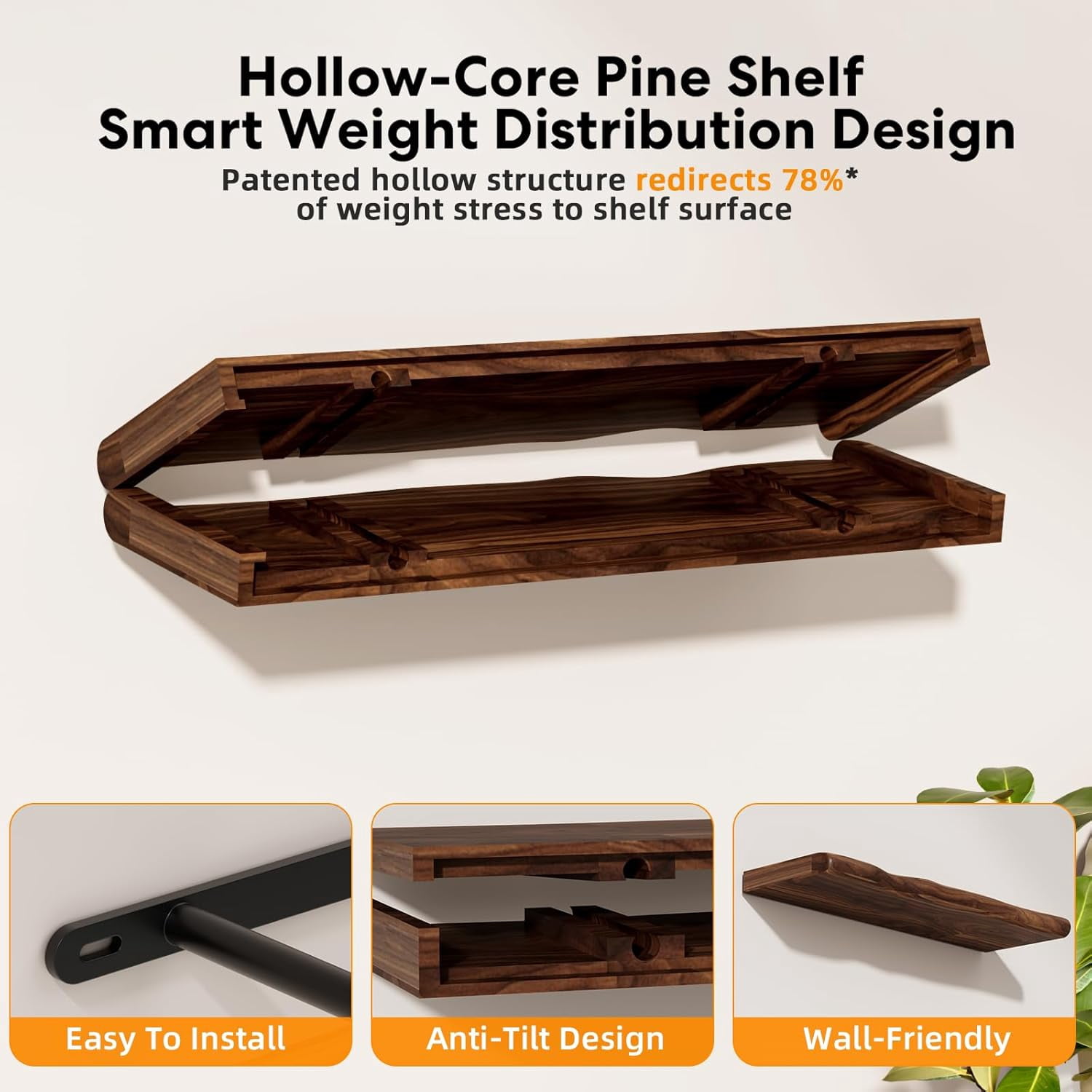 Seasonwood Rustic Farmhouse Floating Wall Shelf, 24 inch Live Edge Solid Pine Shelf for Bathroom Kitchen Bedroom Living Room, Walnut, 2pcs